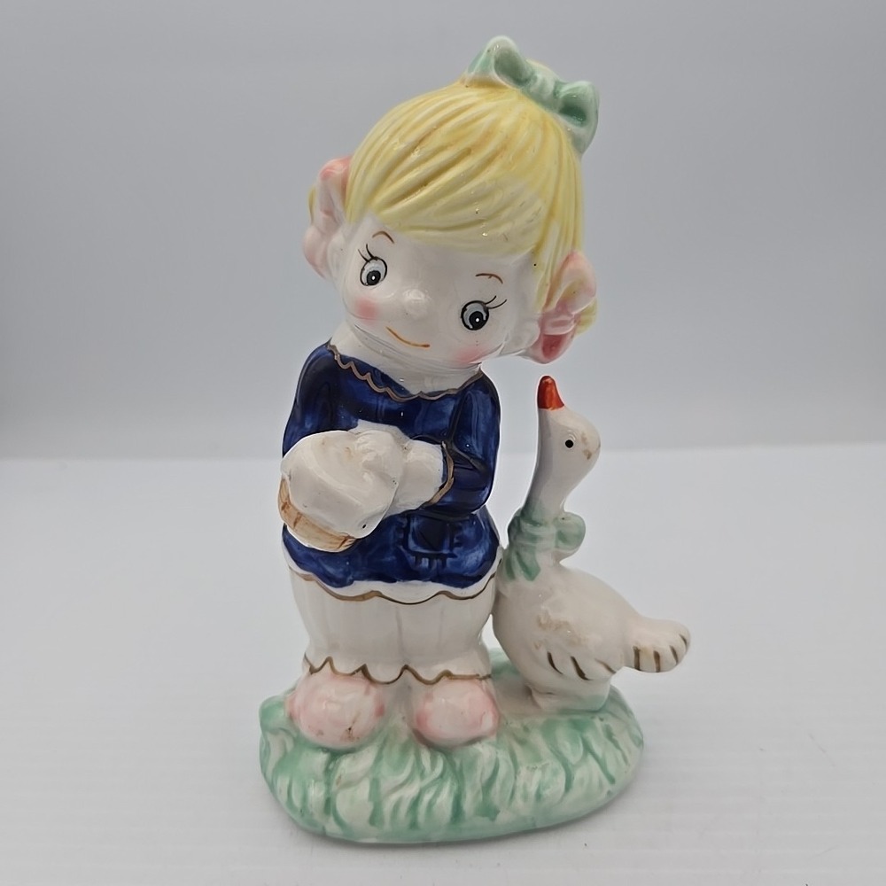 Vintage Little Girl With Goose Figurine‎ Ceramic 6.5 Inch Tall Multicolor